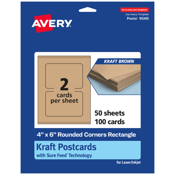 Avery Printable Postcards With Sure Feed Technology, 4in x 6in Rectangle Rounded Corners, Kraft Brown, Pack Of 100