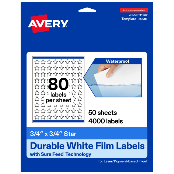 Avery Waterproof Permanent Labels With Sure Feed, 94610-WMF50, Star, 3/4in x 3/4in, White, Pack Of 4,000
