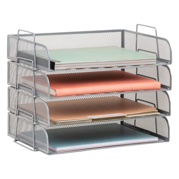 Mind Reader 4-Piece Stackable Paper Tray Desktop Organizer, 11-1/2inH x 9-3/4inW x 13-1/4inD, Silver