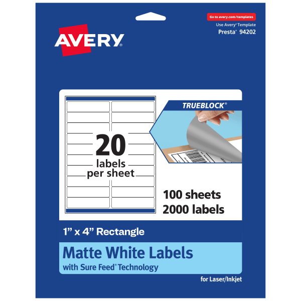 Avery TrueBlock Labels With Sure Feed, 94202-TWMP100, Rectangle, 1in x 4in, Matte White, Pack Of 2000