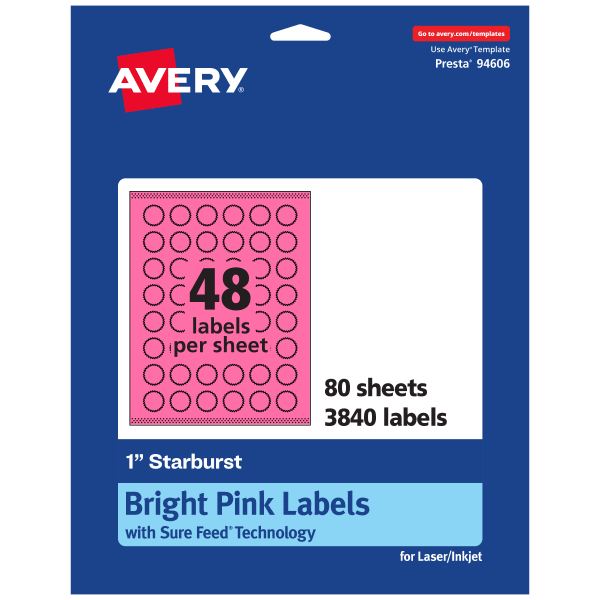 Avery Print-To-The-Edge Labels With Sure Feed Technology, 94606-BPP80, Starburst, 1in, Matte Bright Pink, Pack of 3840