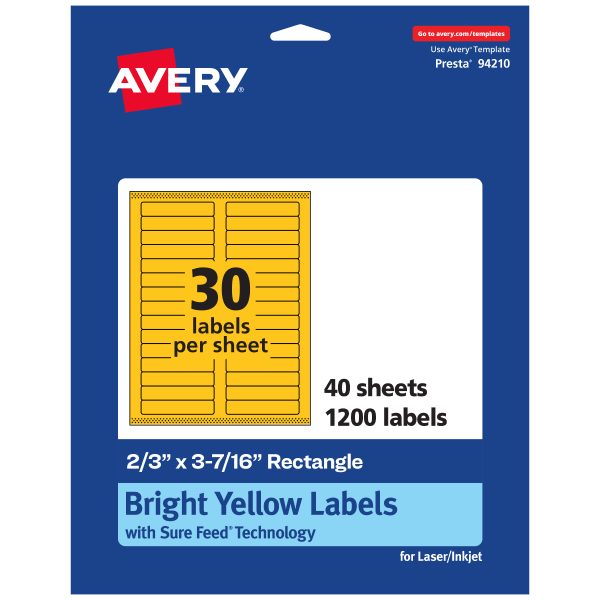 Avery Printable Labels With Sure Feed Technology, 94210-BYP40, Rectangle, 2/3in x 3-7/16in, Matte Bright Yellow, Pack of 1200