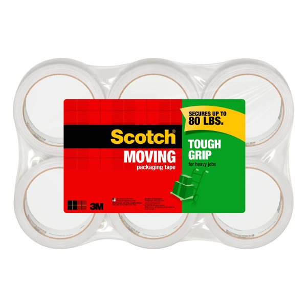 Scotch Tough Grip Moving Packing Tape, 1-7/8in x 43.7 Yd., Clear, Pack Of 6 Rolls