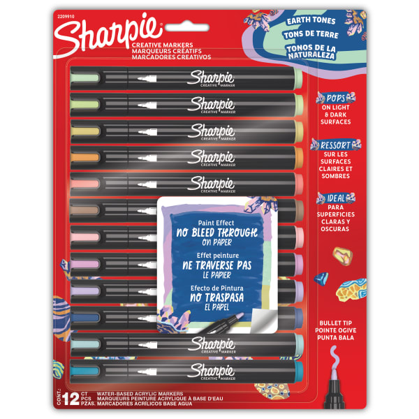 Sharpie Creative Markers, Earth Tones, Water-Based Acrylic Markers, Bullet Tip, Assorted Colors, 12 Count