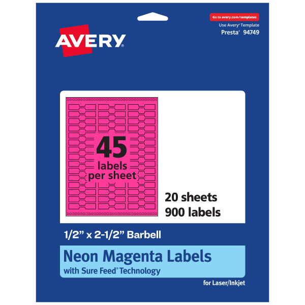 Avery Printable Labels With Sure Feed Technology, 94749-NMP20, Barbell, 1/2in x 2-1/2in, Matte Neon Magenta, Pack of 900