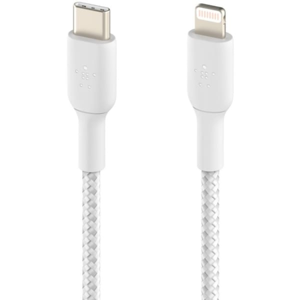 Belkin Braided USB-C to Lightning Cable (2m / 6.6ft, White) - 6.60 ft Lightning/USB-C Data Transfer Cable for iPad, iPad Pro, iPad mini, iPad Air, iPhone - First End: 1 x USB Type C - Male - Second End: 1 x Lightning - Male - White