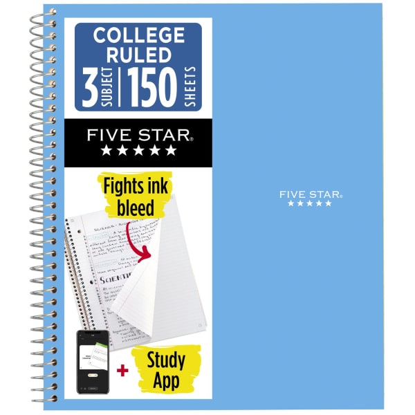 Five Star Wire-Bound Notebook, 8-1/2in x 11in, 3 Subject, College Ruled, 150 Sheets, Pacific Blue