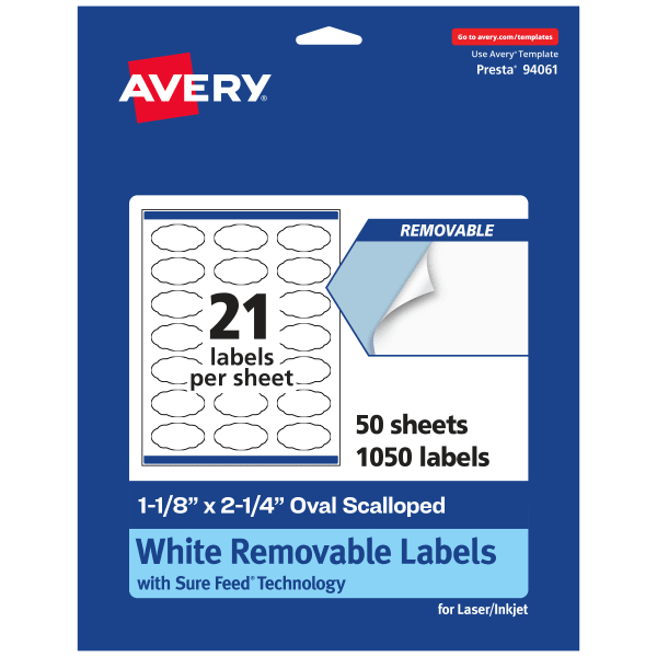 Avery Removable Labels With Sure Feed, 94061-RMP50, Oval Scalloped, 1-1/8in x 2-1/4in, White, Pack Of 1,050 Labels