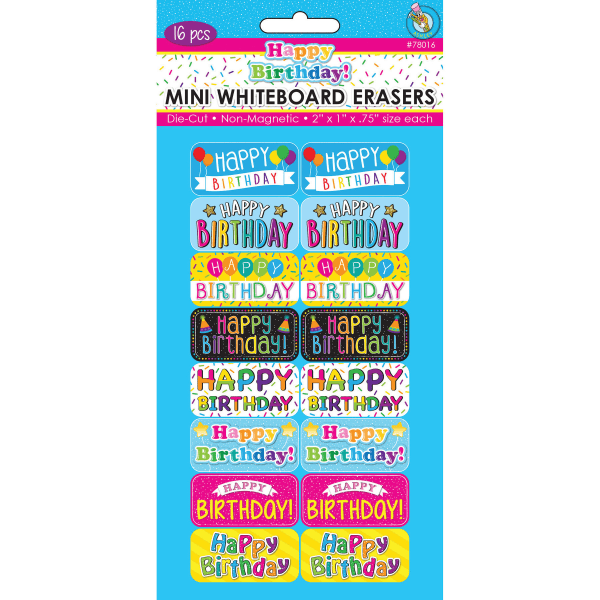 Ashley Productions Non-Magnetic Mini Whiteboard Erasers, Happy Birthday, Pack Of 16