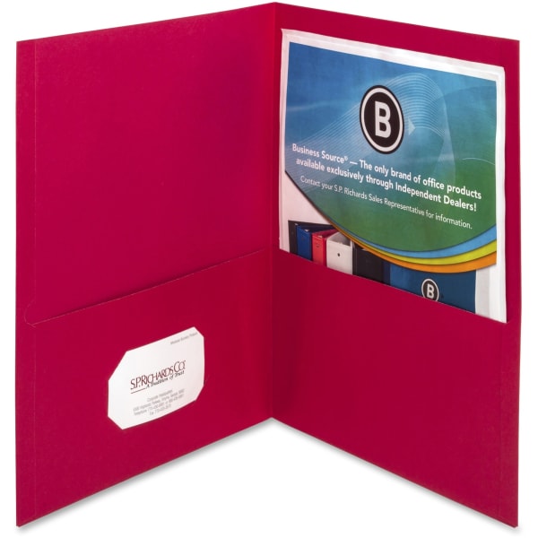 Business Source Letter Pocket Folder - 8 1/2in x 11in - 100 Sheet Capacity - 2 Inside Front & Back Pocket(s) - Paper - Red - 25 / Box