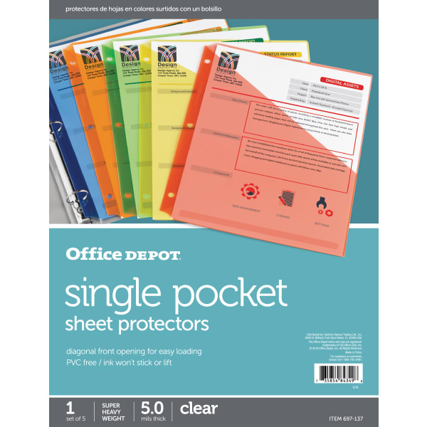 Office Depot Brand Single Pocket Sheet Protectors, 8-1/2in x 11in, Assorted Colors, Pack Of 5