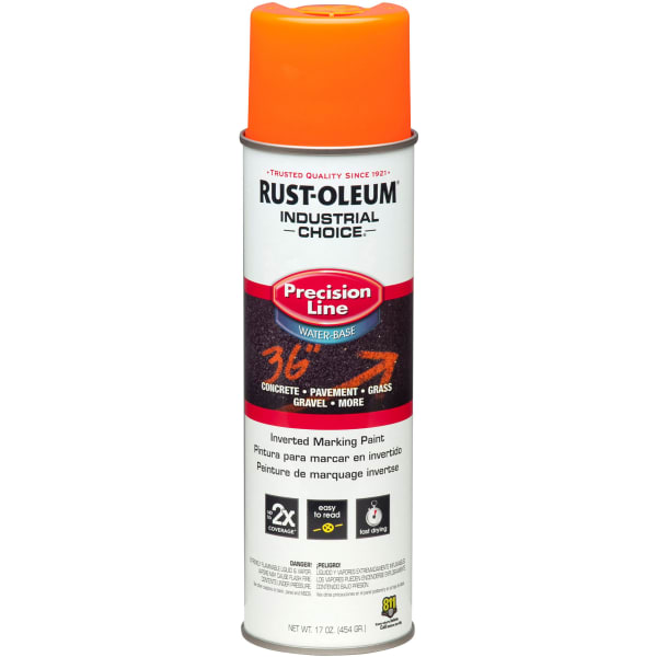 Rust-Oleum Industrial Choice M1800 System Water-Based Precision Line Inverted Marking Paint, 17 Oz, Fluorescent Orange, Pack Of 12 Cans