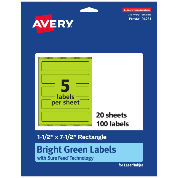 Avery Print-To-The-Edge Labels With Sure Feed Technology, 94231-BGP20, Rectangle, 1-1/2in x 7-1/2in, Matte Bright Green, Pack of 100