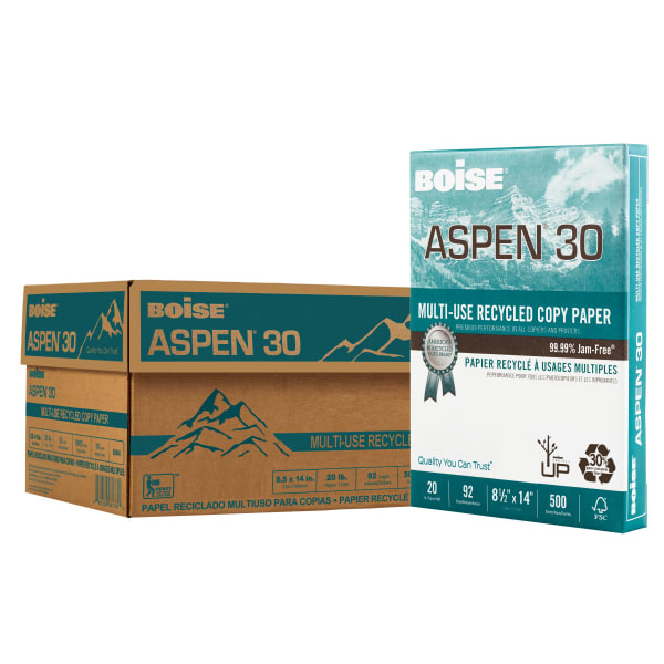Boise ASPEN 30 Multi-Use Printer & Copy Paper, 1 Ream, White, Legal (8.5in x 14in), 500 Sheets Per Ream, 20 Lb, 92 Brightness, 30% Recycled, FSC Certified
