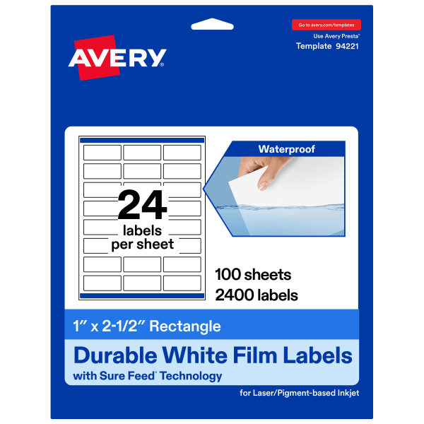 Avery Waterproof Permanent Labels With Sure Feed, 94221-WMF100, Rectangle, 1in x 2-1/2in, White, Pack Of 2,400