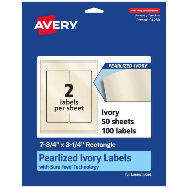 Avery Pearlized Permanent Labels With Sure Feed, 94260-PIP50, Rectangle, 7-3/4in x 3-1/4in, Ivory, Pack Of 100 Labels