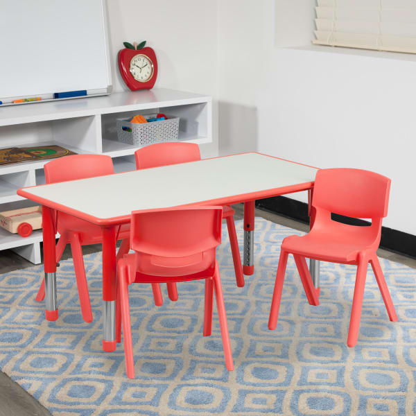 Flash Furniture Rectangular Plastic Height-Adjustable Activity Table Set With 4 Chairs, 23-1/2inH x 23-5/8inW x 47-1/4inD, Red