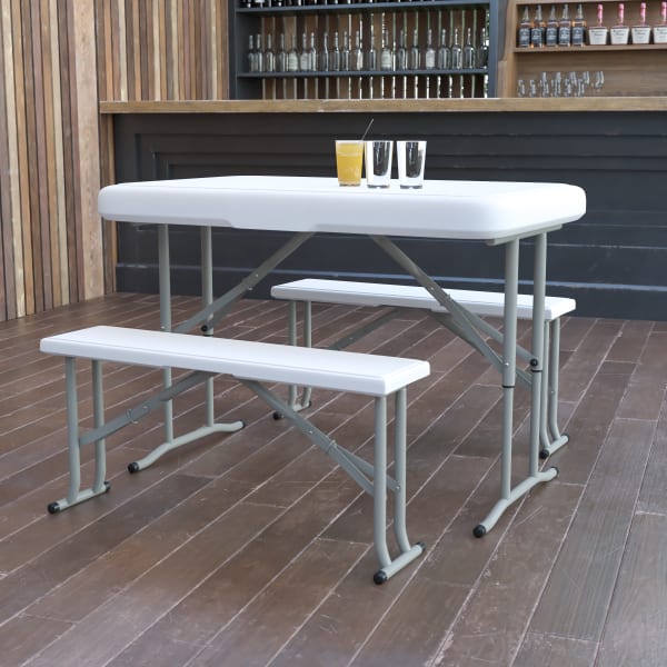 Flash Furniture 3-Piece Plastic Folding Table And Benches Set, 28-1/2inH x 25-1/2inW x 41inD, Granite White