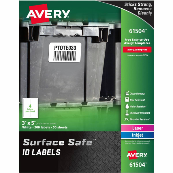Avery Surface Safe ID Labels - Removable Adhesive - 3in Width x 5in Length - Rectangle - Laser, Inkjet - White - Polyester - 4 / Sheet - 50 Total Sheets - 200 / Pack