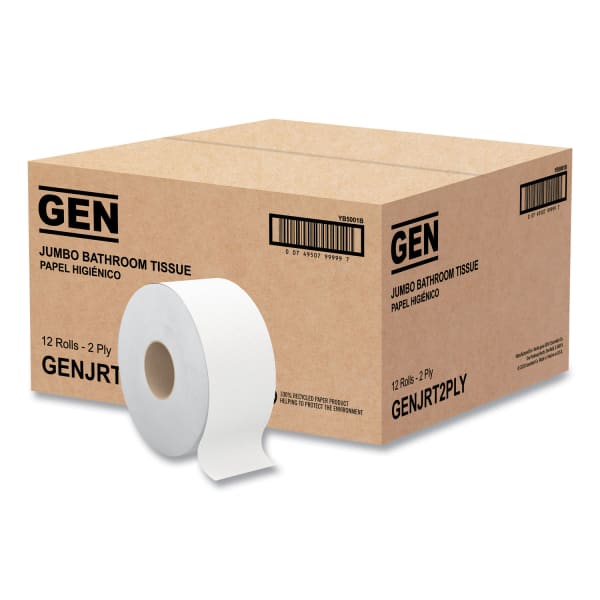 GEN JRT Jumbo Bath Tissue, Septic Safe, 2-Ply, White, 3.5in x 750 ft, 12/Carton