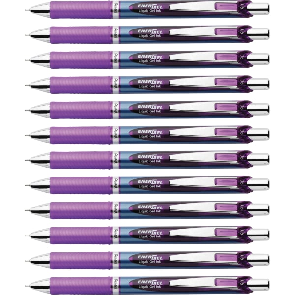 Pentel EnerGel RTX Liquid Gel Pens, Pack Of 12, Fine Point, 0.5 mm, Blue Stainless Steel Barrel, Violet Ink