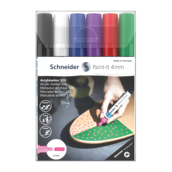 Schneider Paint-It 320 Acrylic Markers, 4 mm Bullet Tip, Assorted Ink Colors, Pack Of 6 Markers