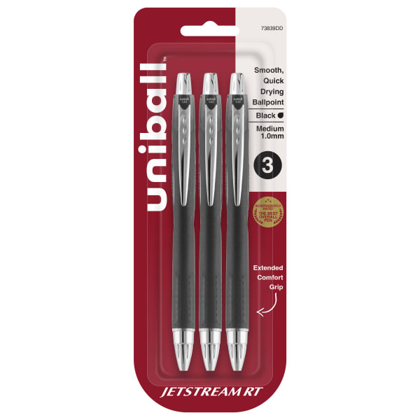 uni-ball JetStream RT Retractable Ballpoint Pens, Bold Point, 1.0 mm, Black Barrel, Black Ink, Pack Of 3
