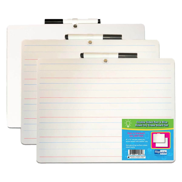 Flipside Products 2-Sided Dry-Erase Boards With Attached Markers, 9in x 12in, Primary Ruled/Blank, Pack Of 3 Boards