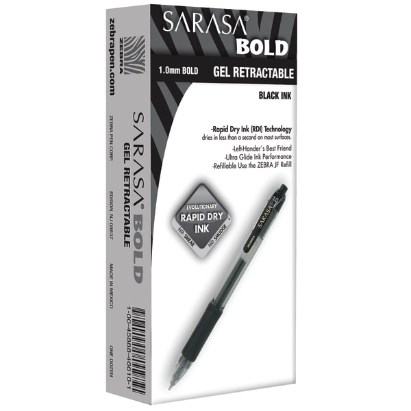 Zebra Pen SARASA Retractable Gel Pens, Pack Of 12, Bold Point, 1.0 mm, Clear Barrel, Black Ink