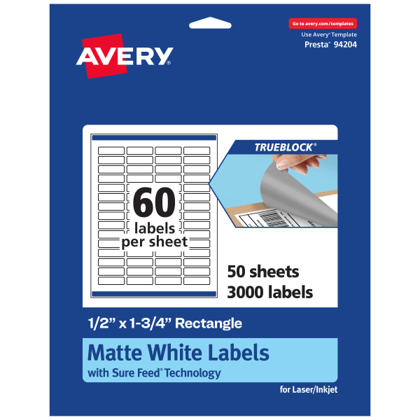 Avery Print-To-The-Edge TrueBlock Labels With Sure Feed, 94204-TWMP50, Rectangle, 1/2in x 1-3/4in, Matte White, Pack Of 3000