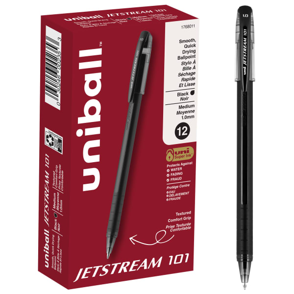 uni-ball Jetstream 101 Rollerball Pens, Medium Point, 1.0mm, Black Barrel, Black Ink, Pack Of 12