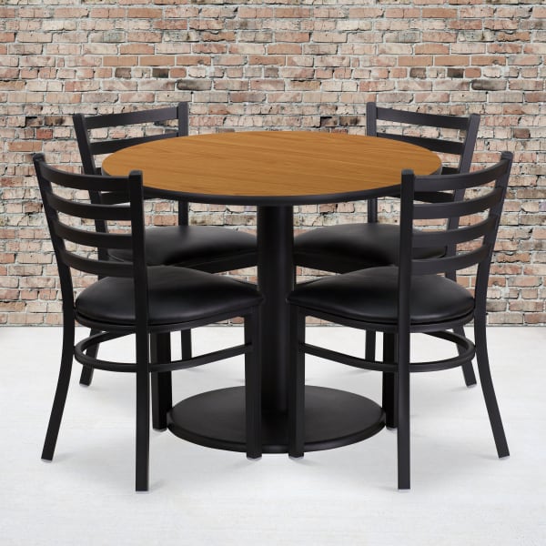 Flash Furniture Round Laminate Table Set With Round Base And 4 Ladder-Back Metal Chairs, 30inH x 36inW x 36inD, Natural/Black