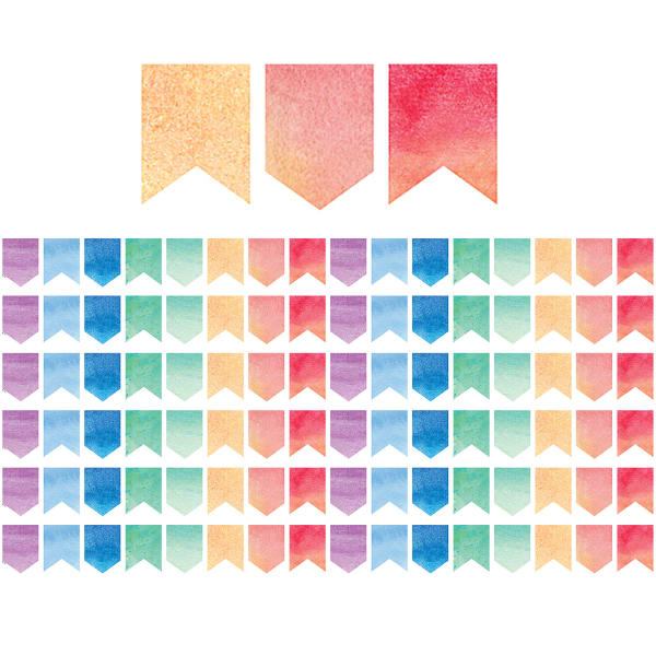 Teacher Created Resources Die-Cut Border Trim, Watercolor Pennants, 35ft Per Pack, Set Of 6 Packs