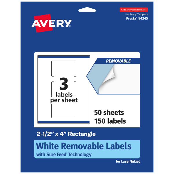 Avery Removable Labels With Sure Feed, 94245-RMP50, Rectangle, 2-1/2in x 4in, White, Pack Of 150 Labels