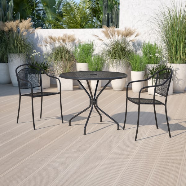 Flash Furniture Oia Commercial Grade 35-1/4in Round Indoor-Outdoor Steel Patio Table With Umbrella Hole, 28-3/4inH x 35-1/4inW x 35-1/4inD, Black