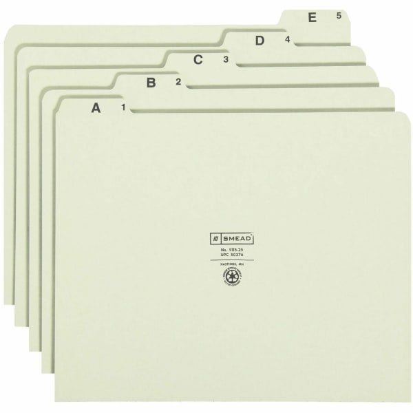 Smead A-Z Pressboard File Guides, 1/5 Cut, Letter Size, 100% Recycled, Green, Set Of 25