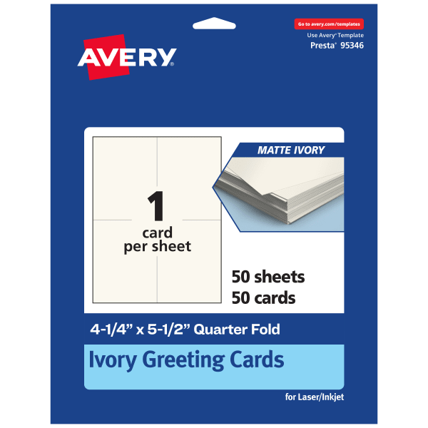 Avery Printable Quarter-Fold Greeting Cards, 4-1/4in x 5-1/2in Matte Ivory, Pack Of 50