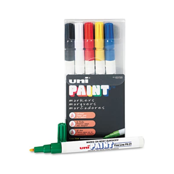 Uni-Ball Oil-Base Fine Line uni Paint Markers - Fine Marker Point - Blue, White, Red, Yellow, Green, Black Oil Based Ink - 6 / Set