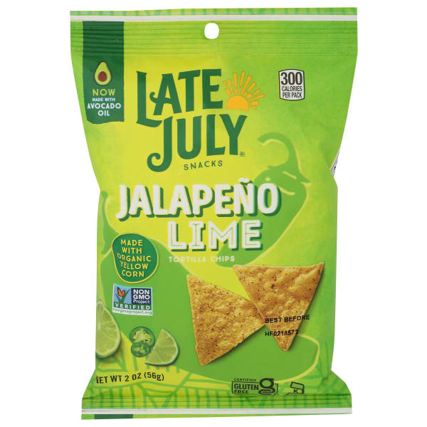 Late July Snacks Tortilla Chips, Jalapeno Lime, 2 Oz, Total Qty 24