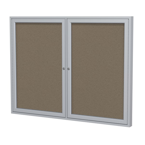 Ghent 2 Door Enclosed Fabric Bulletin Board, Satin Aluminum Frame, 36inH x 48inW, Taupe