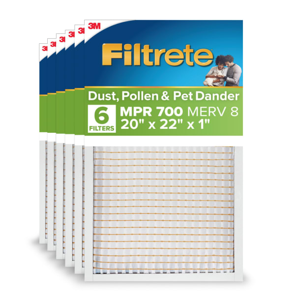 Filtrete 20 x 22 x 1 Air Filter, 6 HVAC Filters, MPR 700, MERV 8, Optimized HVAC Airflow, Dust, Pollen & Pet Dander, 3 Month AC and Furnace Filters
