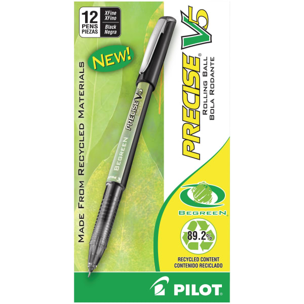 Pilot V5 BeGreen Liquid Ink Rollerball Pens, Extra Fine Point, 0.5 mm, 89% Recycled, Black Barrel, Black Ink, Pack Of 12