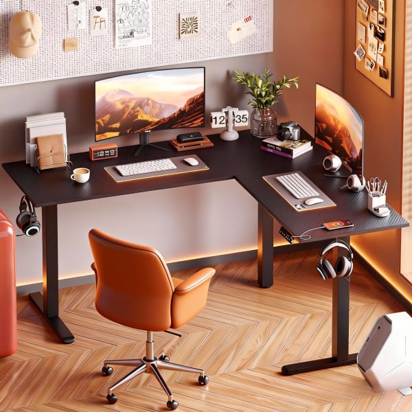 Bestier 63inW Electric Adjustable-Height L-Shaped Standing Desk, Black