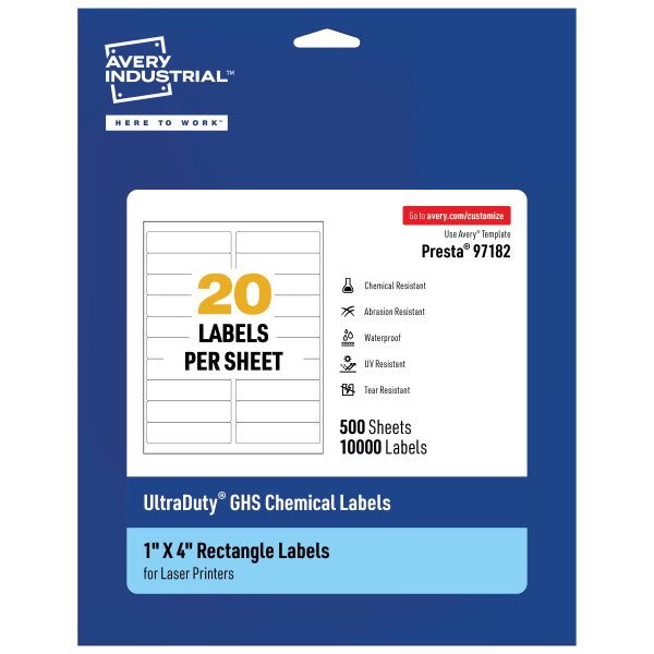 Avery Ultra Duty Permanent GHS Chemical Labels, 97182-WMU500, Rectangle, 1in x 4in, White, Pack Of 10,000