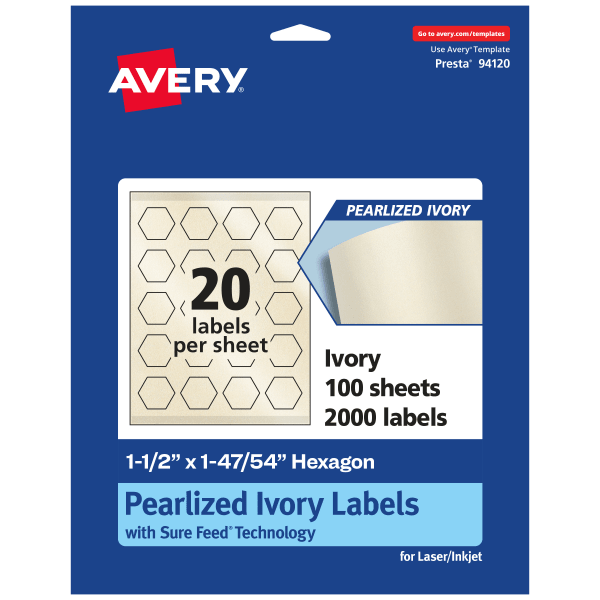 Avery Pearlized Permanent Labels With Sure Feed, 94120-PIP100, Hexagon, 1-1/2in x 1-47/54in, Ivory, Pack Of 2,000 Labels