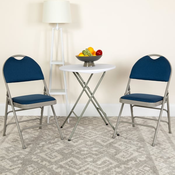 Flash Furniture HERCULES Series Extra-Large Ultra-Premium Triple-Braced Metal/Fabric Folding Chairs With Easy-Carry Handles, Navy/Gray, Pack Of 2 Chairs