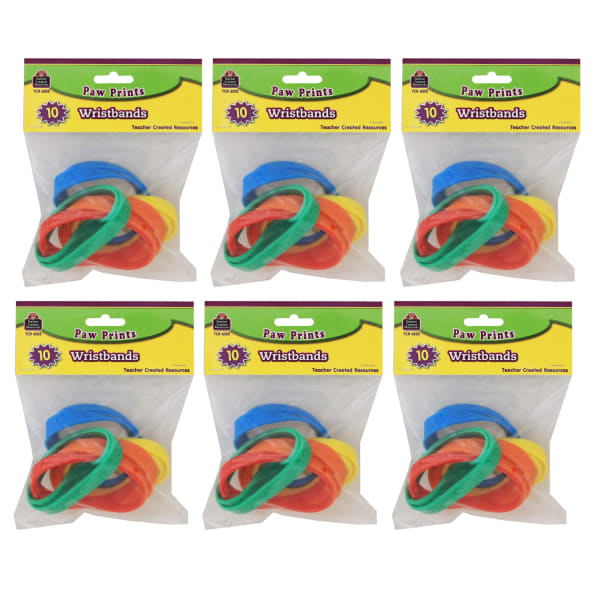 Teacher Created Resources Paw Prints Wristbands, 10 Per Pack, Set Of 6 Packs