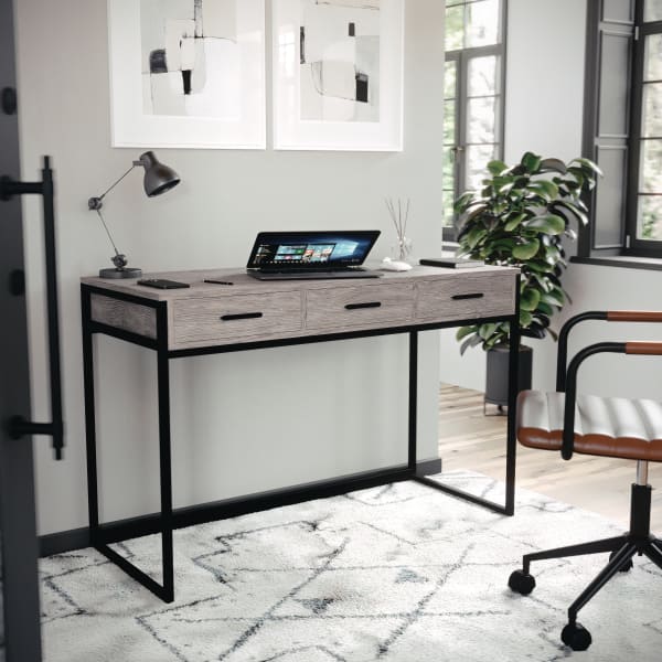 Martha Stewart Ollie Home 47-1/4inW Office Computer Desk With 3 Drawers, Gray/Oil Rubbed Bronze
