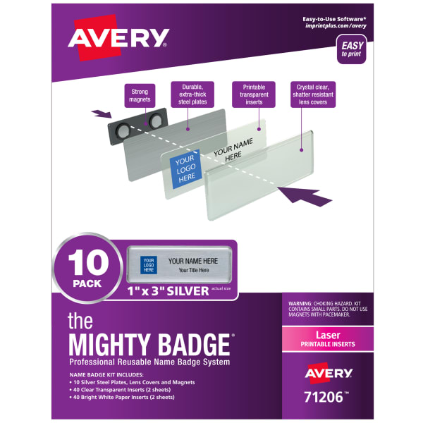 Avery The Mighty Badge Magnetic Badges For Laser Printers, 1in x 3in, Silver, Pack Of 10 Badges