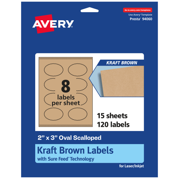 Avery Kraft Permanent Labels With Sure Feed, 94060-KMP15, Oval Scalloped, 2in x 3in, Brown, Pack Of 120
